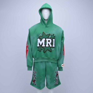 Conjunto de Chándal con Capucha Verde MRI, Estampado de Letras en Aplique, Pantalones Cortos Estilo Urbano, Unisex para Adultos, Ropa de Otoño con Logotipo y Diseño Personalizados - Product Image 1
