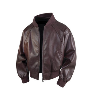 Men's Brown Leather Bomber <b>Jacket</b> Stand Collar Zipper Closure <b>Casual</b> Autumn Wear Regular Fit Solid Color - Product Image 1