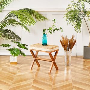 Natural Seagrass Ottoman Footstool with <b>Wooden</b> Legs Rectangular Hand-Weaved Footrest Pouf for Living Room <b>Bench</b> - Product Image 6