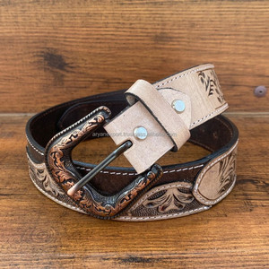 Cinturones de hebilla de aleación de cuero mecanizado a mano estilo vaquero occidental Vintage más vendidos cinturones florales de cuero genuino hechos a mano para Unisex - Product Image 4