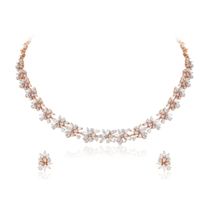 Rose Gold Diamond Flower Necklace and Earring Set Marquise Cut Women's Romantic Wedding Jewelry - Product Image 1