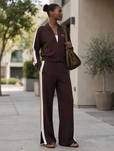 Ensemble de survêtement pour femme ONETEN APPARELS, couleur contrastée, fermeture éclair, col montant, ourlet fendu, pantalon large - Product Image 5