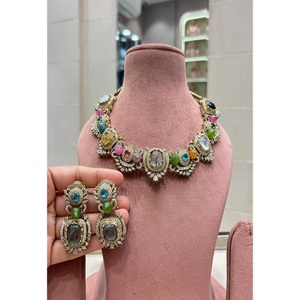 Stylish Premium Quality Brass Gold Plated Moissanite Choker Necklace & Earrings <b>Set</b> for Women Wedding Party Wear - Product Image 1