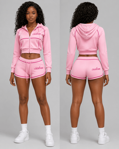 Ensemble de survêtement rose pour femme, deux pièces personnalisées, avec crop top zippé et short, vêtements de sport, fournisseur OEM - Product Image 3