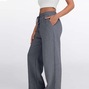 Knitted Cotton Loose Fit Autumn Wear Women's High Waist Wide Leg Drawstring Casual <b>Pants</b> Solid Gray Full Length Trousers - Product Image 4