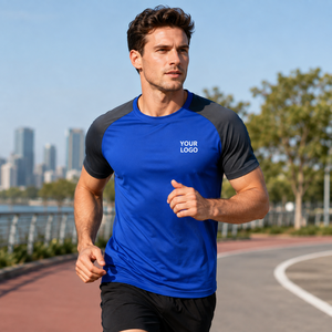 Custom Logo Men's <b>Raglan</b> <b>Sleeve</b> <b>T</b>-<b>Shirt</b> Blue with Dark Gray <b>Sleeves</b> Quick Dry Sporty Fit Regular Length O-Neck Knitted Polyester - Product Image 5