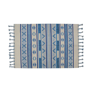 Handwoven Coastal Geometric Flatweave Area <b>Rug</b>-Blue Ivory Diamond Cotton Carpet <b>Boho</b> Striped Fringe Low Pile Living Room Decor - Product Image 2
