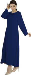 Abaya pour femmes, couleur bleue unie, manches longues, col rond, robe longue modeste avec ensemble foulard noir - Product Image 4
