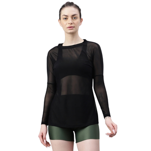 Camiseta de Manga Larga de Malla Transparente para Mujer, Cuello Redondo, Dobladillo Curvo, Tops de Yoga y Fitness, Secado Rápido y Transpirable - Product Image 1