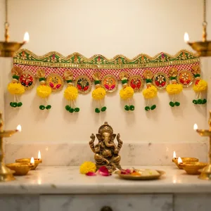 Beautiful Indian Bandhanwar with Intricate Embroidery Colorful Ornaments Yellow Flowers and Green Beaded Tassels - Product Image 3