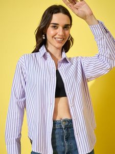 Women's Striped Button Down Shirt Long Sleeve Loose Fit Cotton Poplin Casual Blouse Everyday Wear - Product Image 4