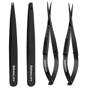 Pince à épiler noire inclinée pour sourcils, en acier inoxydable, pointue, avec logo personnalisé, lot de 3 outils avec ciseaux à ressort par Bahasa Pro - Product Image 5
