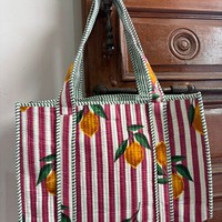 Tas Tote Katun Berlapis Motif Lemon Bergaris dengan Ritsleting, Tas Selempang untuk Perjalanan dan Belanja