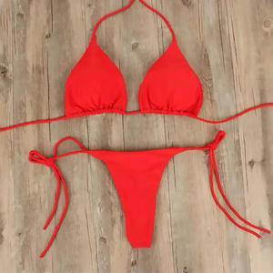 Low Price Women's <b>Blue</b> Solid <b>Bikini</b> <b>Set</b> 2 Piece Halter Tie Side Swimwear Stretch Spandex Polyester Beachwear - Product Image 4