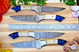 SM KNIVES Juego de Cuchillos para Carne de Acero de Damasco de Grado Industrial, Biselados, con Mango de Hueso, 4 Piezas, 9 Pulgadas de Largo, Kit de Cuero Personalizable - Product Image 6