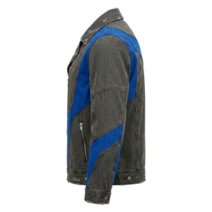 Blouson Biker en Jean Patchwork Bleu Royal Effet Vieilli pour Homme, Fermeture Éclair Croisée Asymétrique Gris Anthracite Délavé, Style Rétro Motard - Product Image 4