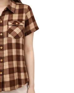 Custom Brown And Beige Plaid Womens Short Sleeve Button Up Shirt Casual Summer Lightweight Breathable Checkered <b>Top</b> With Pocket - Product Image 3