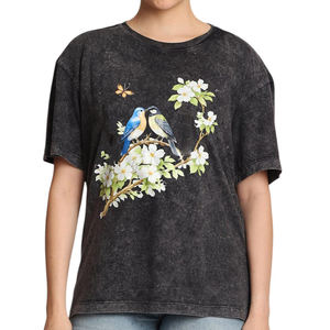 Nueva Llegada Camiseta de Algodón 100% de Alta Calidad con Lavado Ácido y Estampado Floral de Aves, de Manga Corta y Tejido Pesado para Mujer - Product Image 1