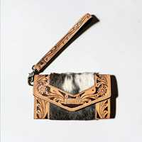 Pochette en cuir repoussé style western avec incrustation de fourrure, motif floral, style vintage, pour usage quotidien