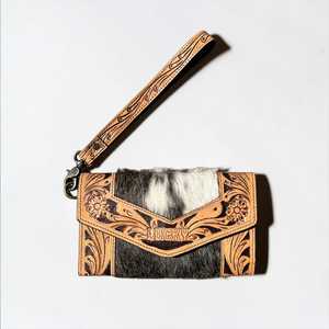 Western Tooled Leather Wristlet With Fur Inlay Floral Design Vintage Style Clutch For Daily Use - Product Image 1