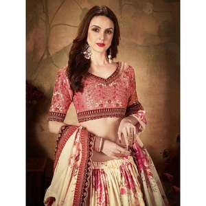 Charmant mariage en organza à imprimé floral beige-pêche Lehenga Choli - Product Image 5