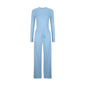 Women Solid Color Full Length <b>Jumpsuit</b> Crew Neck Long Sleeve Drawstring Waist Casual Style Lightweight Spandex Cotton Wholesale - Product Image 1