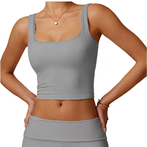 Top Corto Rosa para Mujer con Cuello Cuadrado y Ribete de Encaje, Transpirable, para Yoga, Color Sólido, Soporte Medio - Product Image 2