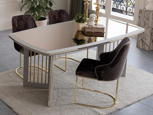 Ensemble de salle à manger moderne de luxe en teck massif, table rectangulaire dorée avec 6 chaises, mobilier contemporain pour villa, maison, cuisine - Product Image 5