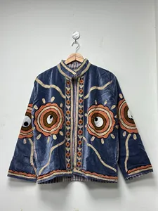 Veste en velours bleu premium brodée Suzani avec motif œil, manches longues, col montant, style bohème, manteau d'hiver pour femme - Product Image 3