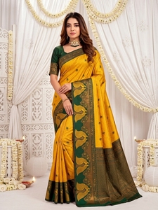 Sari de Seda Banarasi Amarillo Verde de AARA Fashion con Diseño Tradicional, Protección Solar, Estampado Digital - Ropa para Bodas y Festivales - Product Image 3