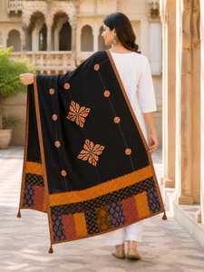 Jaipur Moda Handmade Cotton Dupatta Black with Ajrakh Patchwork Border Tassels Traditional Indian Ethnic Wear for Women - Product Image 3