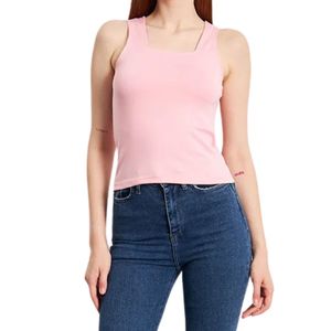 Camiseta sin mangas con cuello cuadrado rosa para mujer, de color sólido, de algodón tejido, informal, transpirable, de longitud regular - Product Image 1