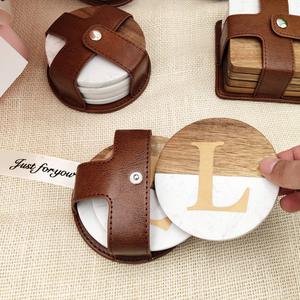 Wood Marble Coasters with Leather Holder White Stone with Gold Initials for Home Office - Product Image 5