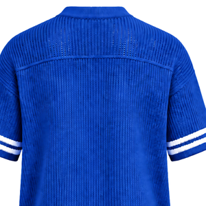 เสื้อเจอร์ซีย์กีฬาคอวีสีน้ำเงินรอยัล ผ้าถักน้ำหนักเบา แขนสั้น แต่งแถบลาย  แบบสั่งทำพิเศษ ทรงโอเวอร์ไซส์ สไตล์ลำลอง สำหรับทีมกีฬา - Product Image 6