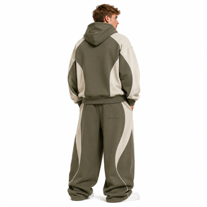 Ensembles de survêtements de luxe en coton 100% à grammage lourd, avec sweats à capuche zippés oversize à épaules tombantes et blocs de couleur, et pantalons à jambes larges, personnalisables - Product Image 3
