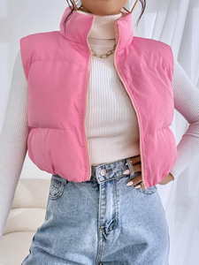 Gilet matelassé rose pour femme, col montant, fermeture éclair, couleur unie, décontracté, court, sans manches, veste d'extérieur automne-hiver - Product Image 3