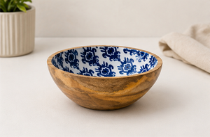 Bol de service en bois contemporain imprimé, fait main, avec motif floral bleu, pour salade, masala, usage en restaurant - Product Image 3