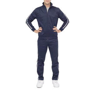 Men's Navy Blue <b>Tracksuit</b> Full Zip Sweatshirt and Pants Set with White Side Stripes Breathable <b>Polyester</b> Sporty Style - Product Image 1