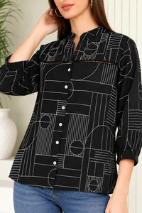 Camisa negra con botones y estampado geométrico para mujer, blusa con cuello y manga tres cuartos - Product Image 2