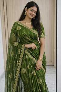 Pure Moss Georgette Saree With Fully Heavy Embroidery Work - Product Image 4