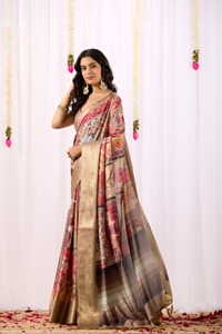 Sari Beige Dorado con Estampado Floral para Mujer, Sari Indio de Diseñador con Borde Metálico Zari, Ropa Tradicional para Bodas y Fiestas - Product Image 2