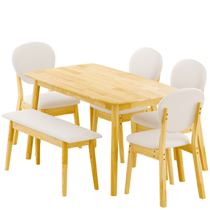 "Natural Wood Finish Beige Cushions Rubberwood <b>Dining</b> Table <b>Set</b> 1 Rect Table + 4 Upholstered Chairs + 1 <b>Bench</b> for Villa" - Product Image 1