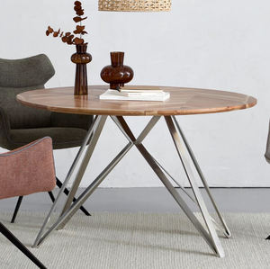 Table de salle à manger moderne pour la maison, avec plateau en bois d'acacia massif de forme ronde, base en métal de style zig-zag, design industriel. - Product Image 1