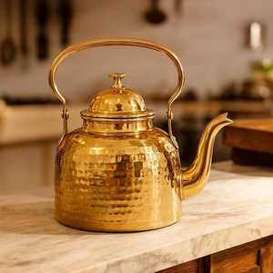 Luxury Brass Tea Set with Teapot, Cups, Saucers and Serving Tray – Traditional Indian Handcrafted Brass Tea & <b>Coffee</b> Set - Product Image 1