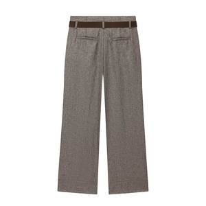 Pantalon gris à chevrons taille haute avec ceinture, coupe bootcut, style vintage, jambe large pour femme - Product Image 2