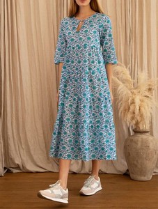 Vestido Midi de Algodón Orgánico con Estampado Floral Asimétrico Vintage Ecológico para Mujer |   Vestido Veraniego Transpirable y Modesto con Corte en A y Manga 3/4 - Product Image 1