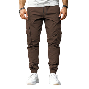 Mens Brown Cargo Jogger Pants Elastic Drawstring Multi Pocket Casual Outdoor 100% Cotton Canvas Mid Rise Regular Fit Daily Wear - Product Image 1