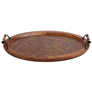 Round wooden plate Handmade Wooden Serving Tray Oval Lacquered Finish With Metal Handles For Food Contact Dinnerware - Product Image 1