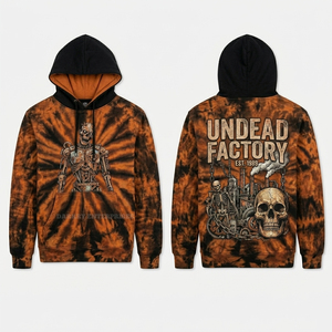 Sweat à capuche noir personnalisé délavé à l'acide, coupe oversize, avec motif crâne fondant et imprimé scène cimetière sombre et scène de démons, en tissu épais - Product Image 4