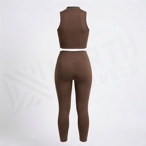 Women's Solid Brown <b>Turtleneck</b> <b>Sleeveless</b> Crop <b>Top</b> and V-Waist Full Length Leggings Seamless Yoga Activewear 2 Piece Set - Product Image 2